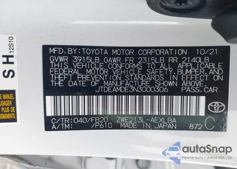 2022 Toyota Corolla Hybrid Le from USA, damaged, VIN JTDEAMDE3N3000306